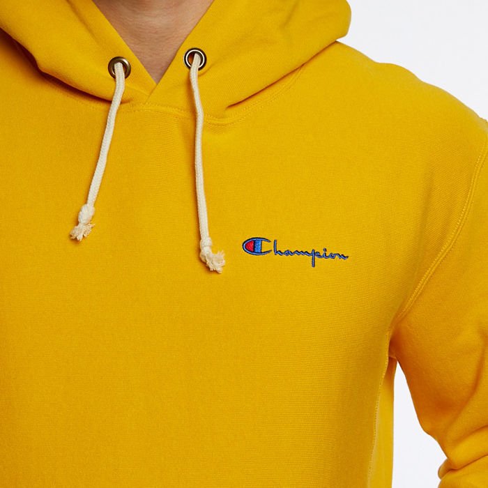 Champion reverse weave chain stitch hotsell script logo gold mens hoodie