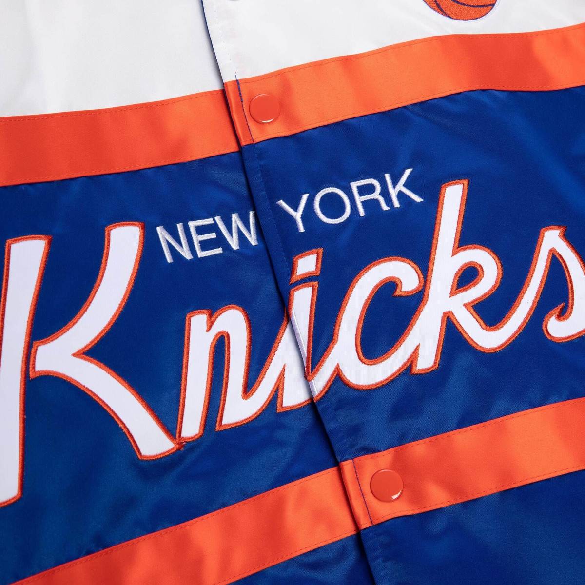 NEW YORK KNICKS NBA SATIN JACKET MITCHEL & NESS MENS BIG LOGO ROYAL/ORANGE