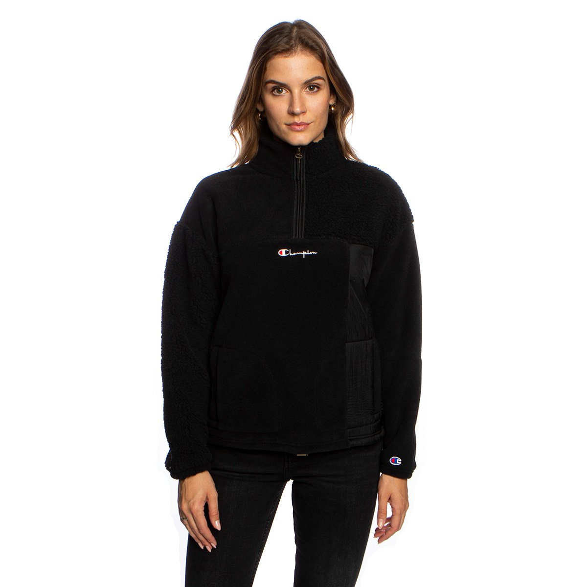 Champion Patchwork Velour Fleece Half Zip-Up Sweatshirt black