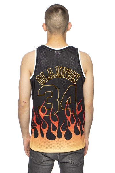 Mitchell & Ness Houston Rockets #34 Hakeem Olajuwon black NBA Flames Swingman Jersey