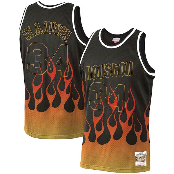 Koszulka Mitchell & Ness Houston Rockets #34 Hakeem Olajuwon czarna NBA Flames Swingman Jersey